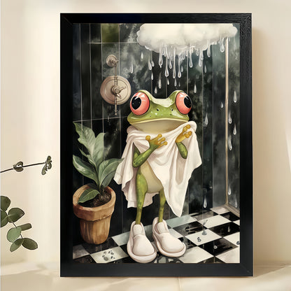 The Rainy-Day Cozy Frog – Retro Playful Wall Art on Natural Wood Canvas | W603