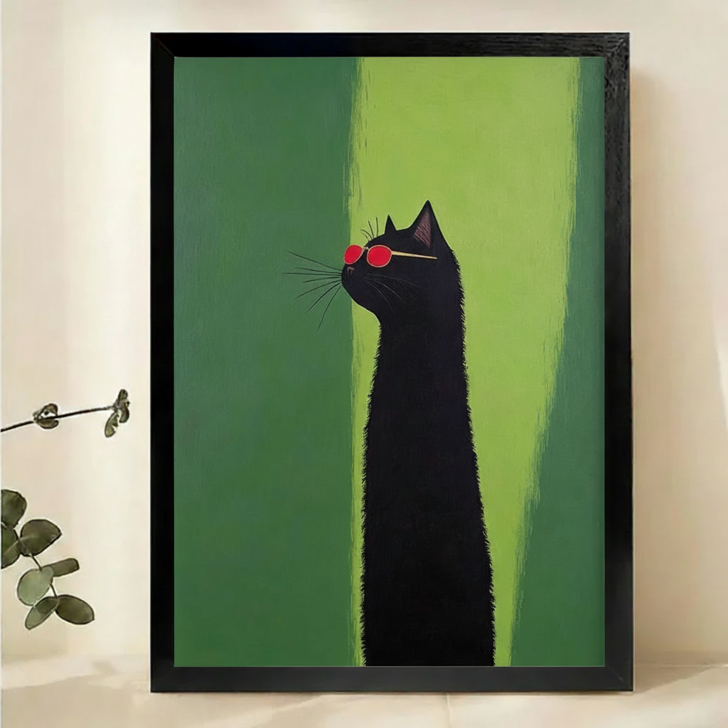 Cool Black Cat with Red Sunglasses Wall Art – Minimalist Pop Art Canvas Print on Natural Wood Frame | W2119