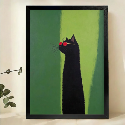 Cool Black Cat with Red Sunglasses Wall Art – Minimalist Pop Art Canvas Print on Natural Wood Frame | W2119