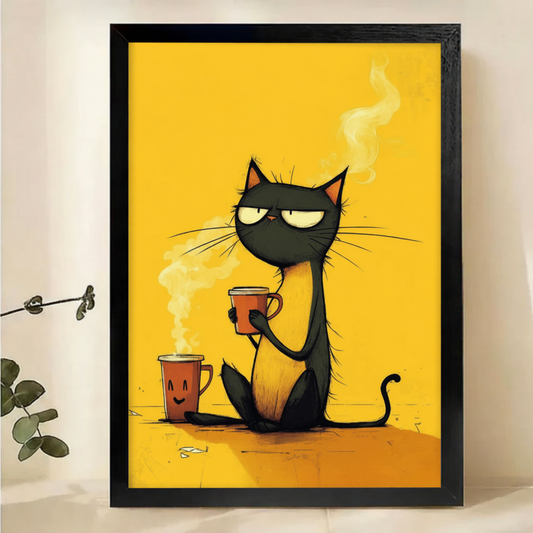 Grumpy Black Cat with Coffee Wall Art – Funny Morning Cat Canvas Print on Natural Wood Frame | W2153