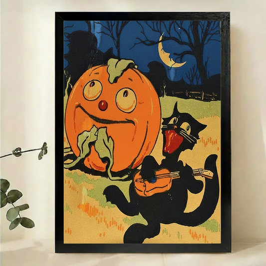 Halloween Pumpkin & Black Cat Wall Art – Vintage Whimsical Canvas Print on Natural Wood Frame | W2116