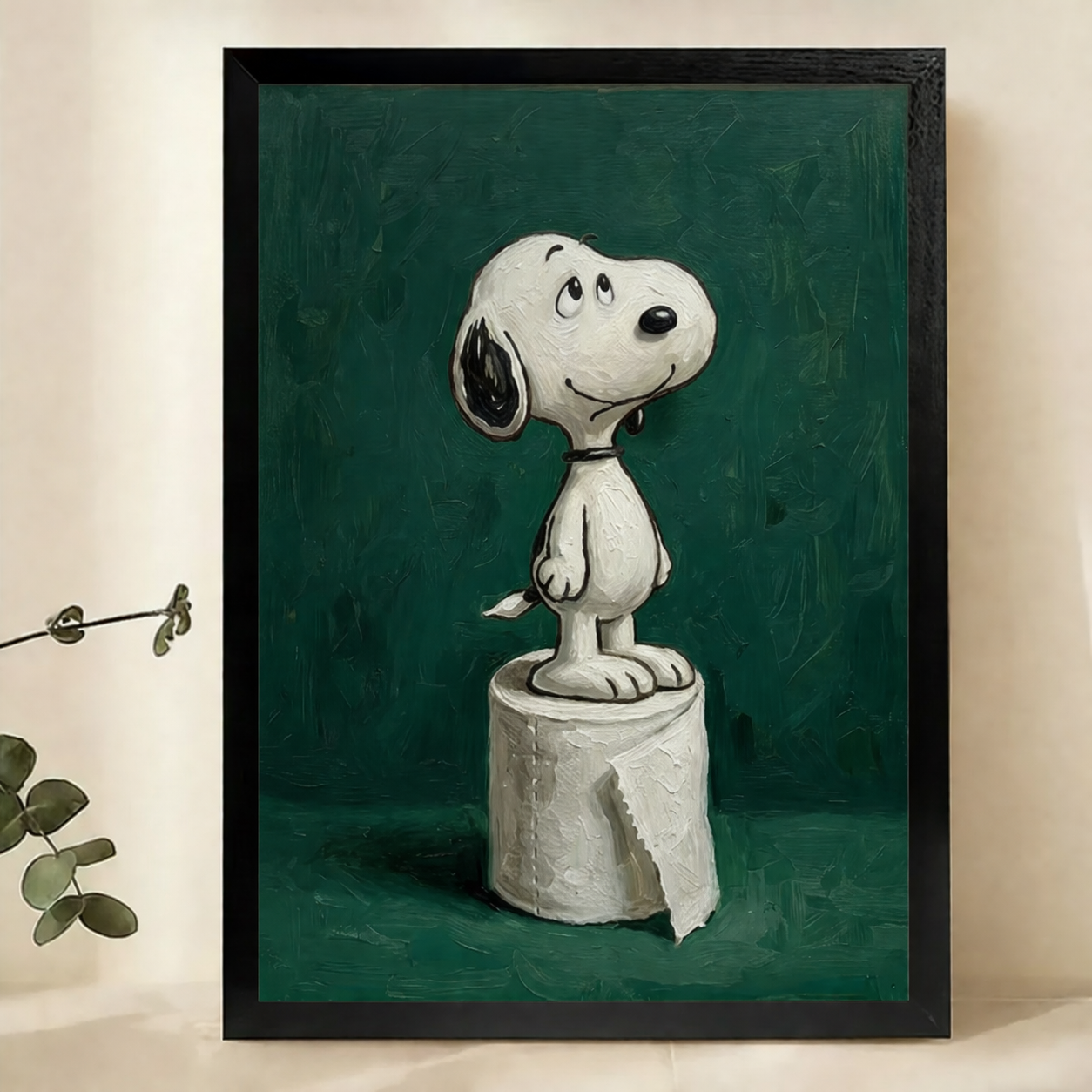 Snoopy Standing on a Toilet Roll Wall Art – Vintage Cartoon Oil Painting Canvas Print on Natural Wood Frame | W2222