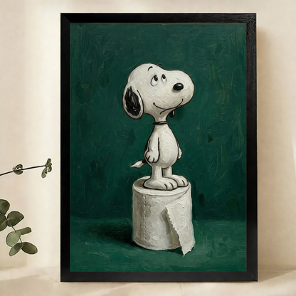Snoopy Standing on a Toilet Roll Wall Art – Vintage Cartoon Oil Painting Canvas Print on Natural Wood Frame | W2222