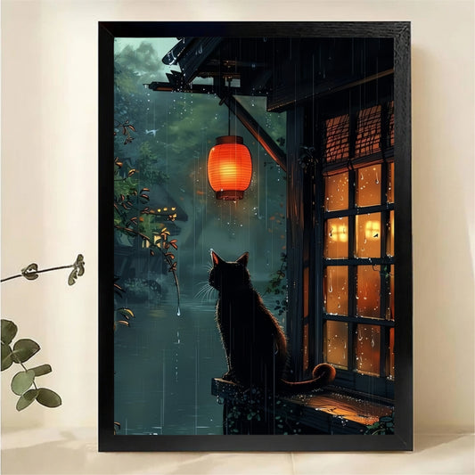 Cat in Rainy Window Wall Art - Asian Lantern Canvas Print|W1328