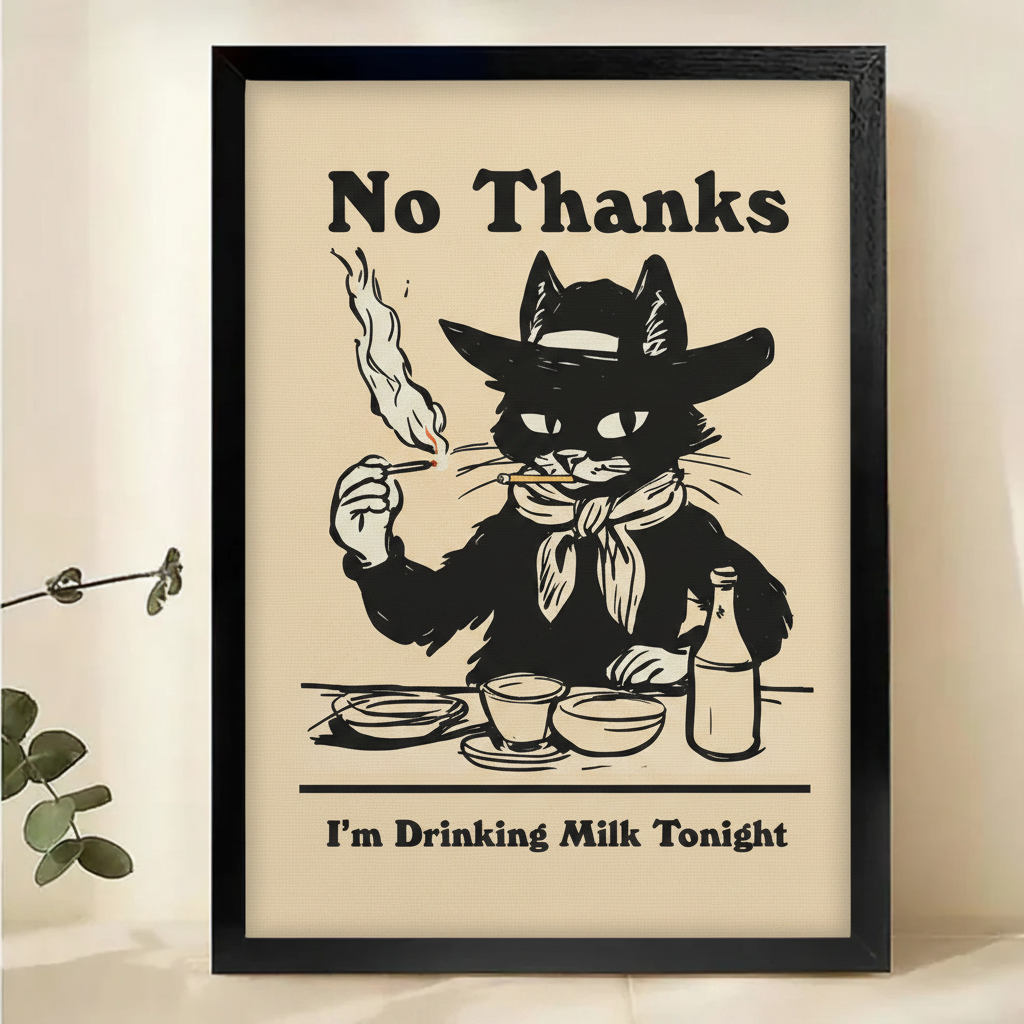 Cowboy Cat "No Thanks I'm Drinking Milk" Wall Art – Funny Retro Cat Canvas Print on Natural Wood Frame | W2102