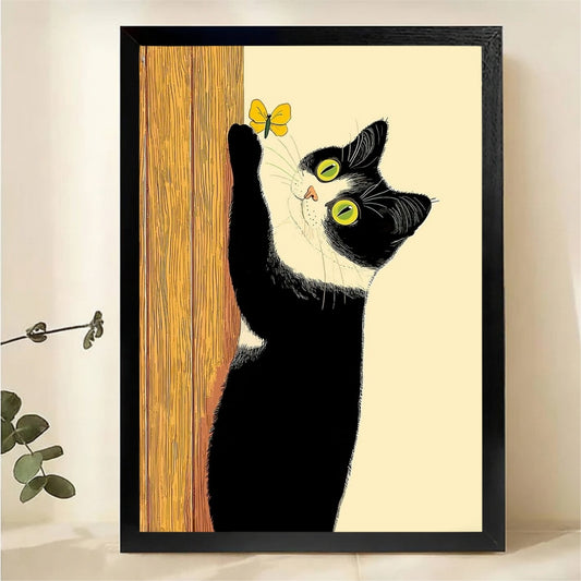 Black Cat with Butterfly Art Print - Framed Wall Decor|W1261