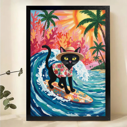 Surfing Cat Art - Tropical Beach Paradise Wall Decor|W1109