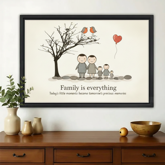 Family is Everything Wall Art – Heartwarming Minimalist Canvas Print on Natural Wood Frame | W2288