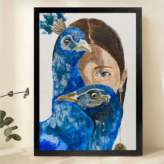Woman with Peacock Wall Art - Blue Surreal Portrait Canvas Print|W1333