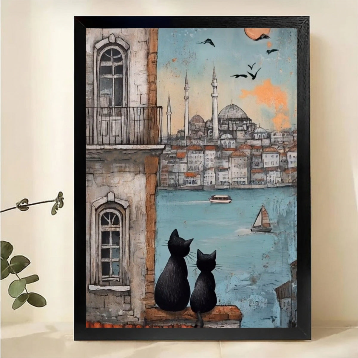 Istanbul Cats Balcony View Wall Art - Mosque Skyline Canvas Print|W1323