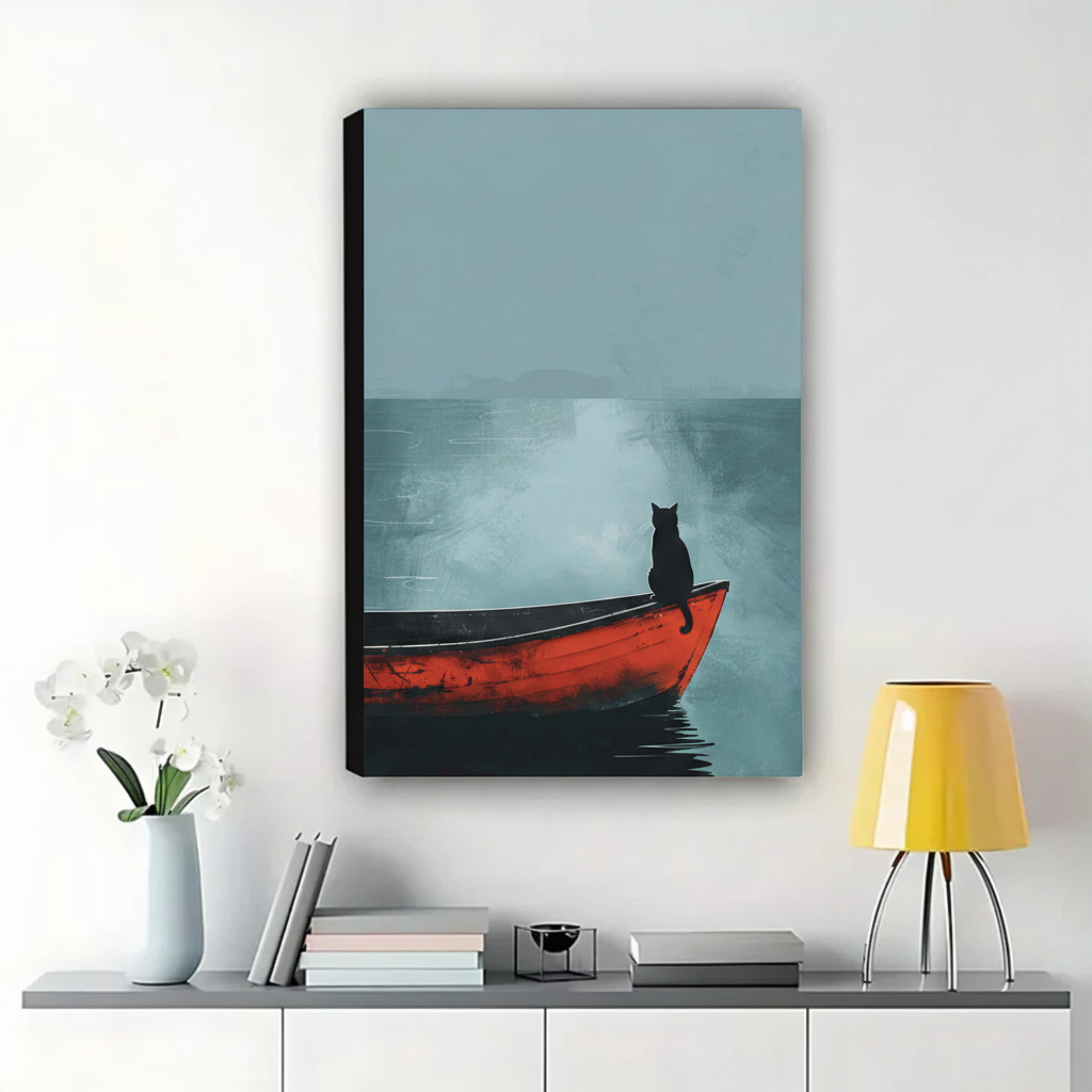 Black Cat on a Red Boat in the Mist Wall Art – Cinematic Minimalist Oil Painting Canvas Print on Natural Wood Frame | W2235