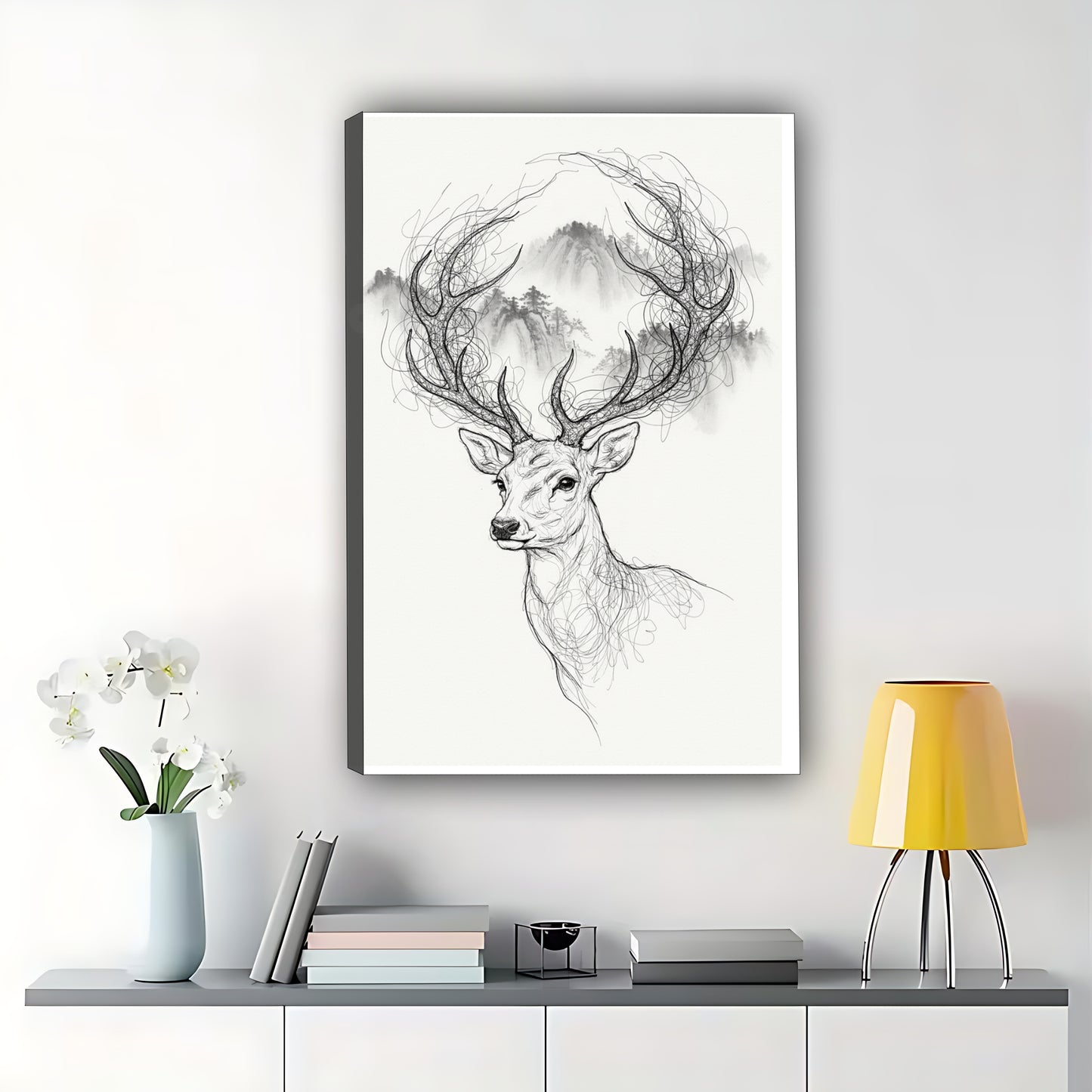 The Ink-Wash Style Elk – Elegant Nature Wall Art on Natural Wood Canvas | W662