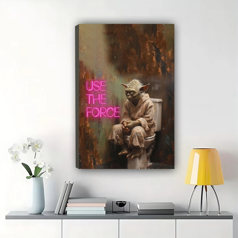 Yoda Use The Force on Toilet – Star Wars Humorous Parody Wall Art on Natural Wood Canvas | W852