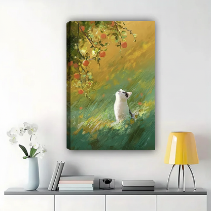 Black & White Cats with Floral Wall Art – Charming Vintage Cat Canvas Print on Natural Wood Frame | W2096