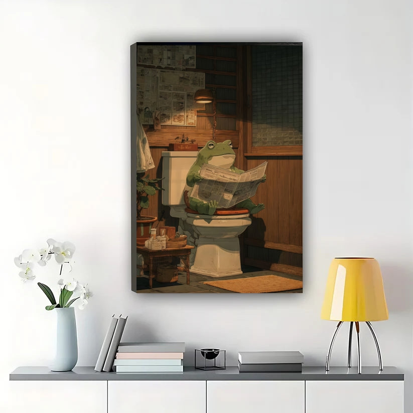 Frog Reading Newspaper on Toilet – Humorous Vintage Bathroom Wall Art on Natural Wood Canvas | W966