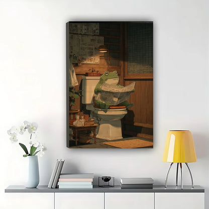 Frog Reading Newspaper on Toilet – Humorous Vintage Bathroom Wall Art on Natural Wood Canvas | W966
