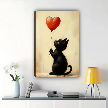 Black Cat Heart Balloon Print - Cat Lover Gift|W1102