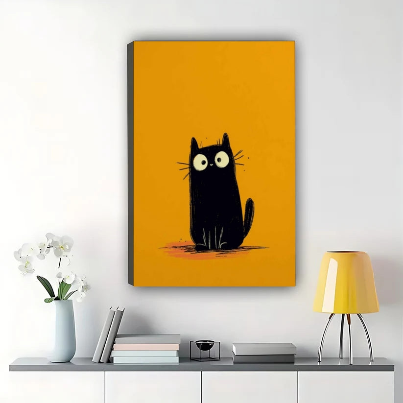 Big-Eyed Black Cat on Orange Background – Minimalist Mid-Century Wall Art on Natural Wood Canvas | W931