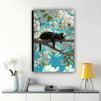 Black Cat Lounging in Cherry Blossom Tree Wall Art – Dreamy Anime-Style Canvas Print on Natural Wood Frame | W2150