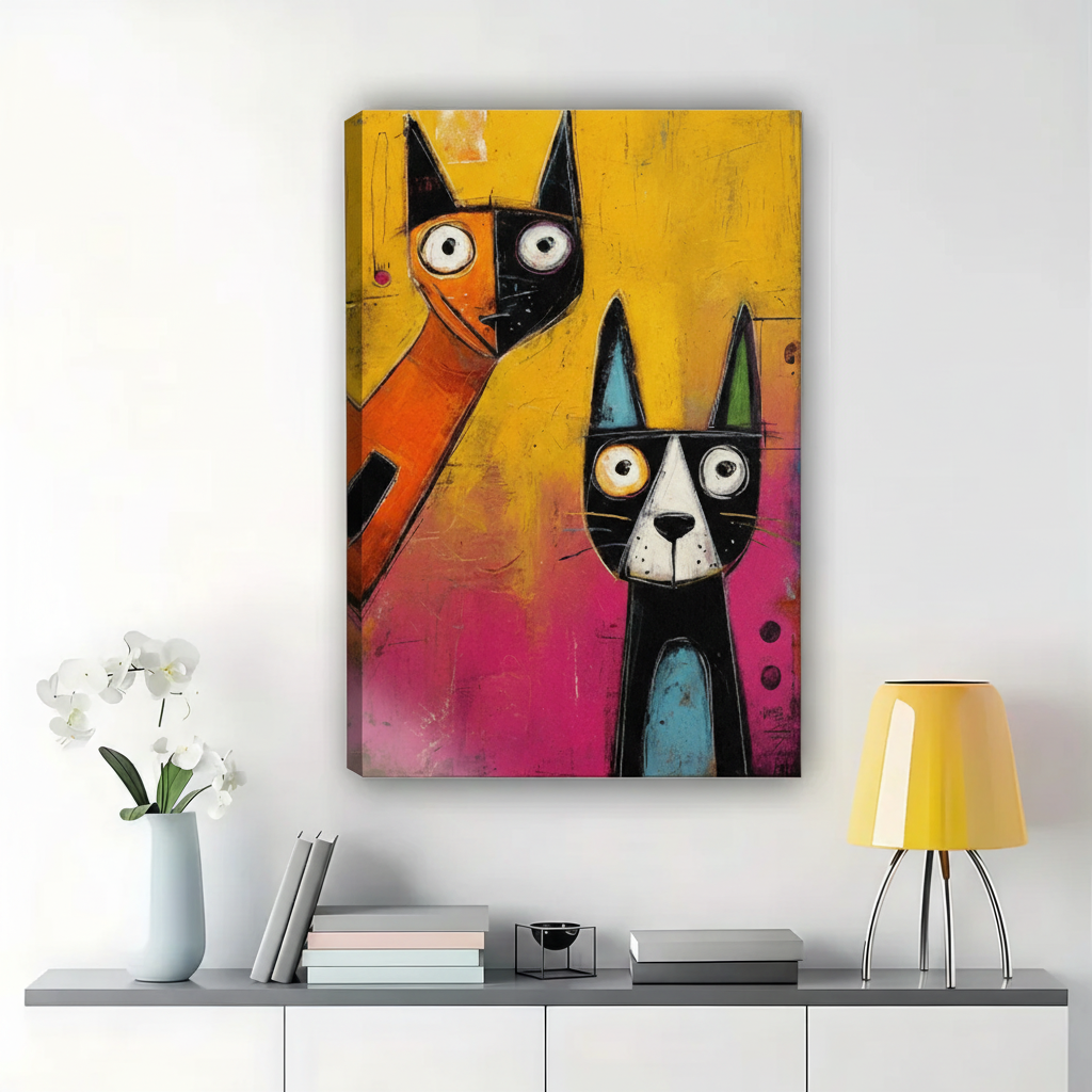 Abstract Two Cats Wall Art – Bold Pop Art Canvas Print on Natural Wood Frame | W2296
