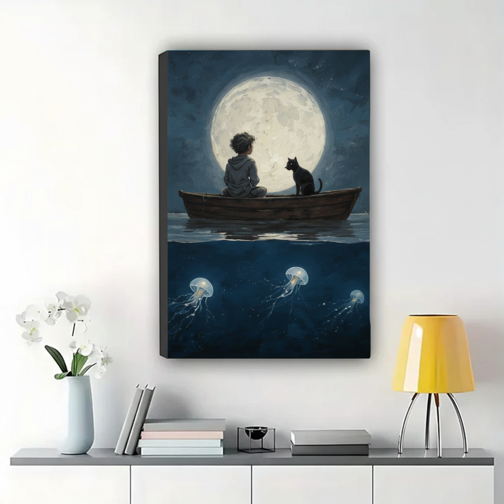 Boy and Black Cat on a Moonlit Boat Wall Art – Dark Fantasy Canvas Print on Natural Wood Frame | W2284