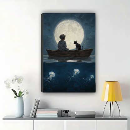 Boy and Black Cat on a Moonlit Boat Wall Art – Dark Fantasy Canvas Print on Natural Wood Frame | W2284