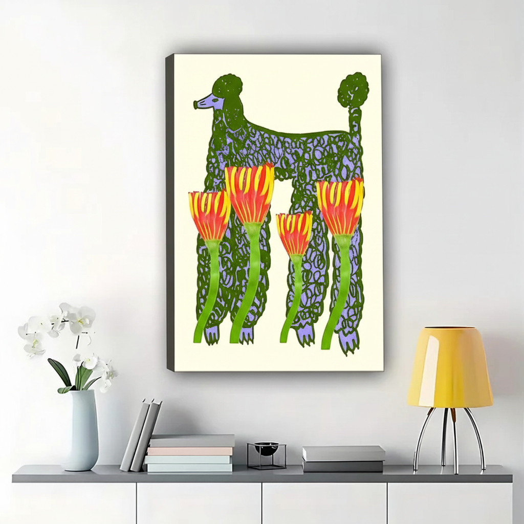 Whimsical Dog with Tulip Floral Illustration – Playful Nature Wall Art on Natural Wood Canvas | W685