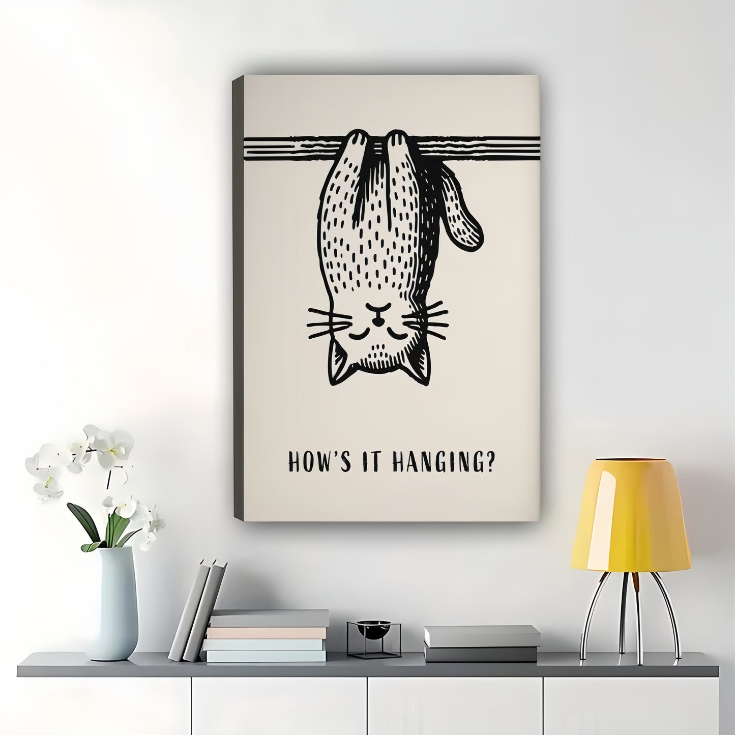 How’s It Hanging? Upside-Down Cat – Humorous Minimalist Wall Art on Natural Wood Canvas | W873