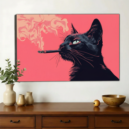 Smoking Black Cat Wall Art – Bold Pink Pop Art Canvas Print on Natural Wood Frame | W2166