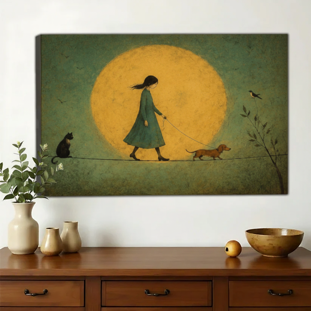 Girl Walking Dog Under the Moon Wall Art – Dreamy Vintage Canvas Print on Natural Wood Frame | W2256