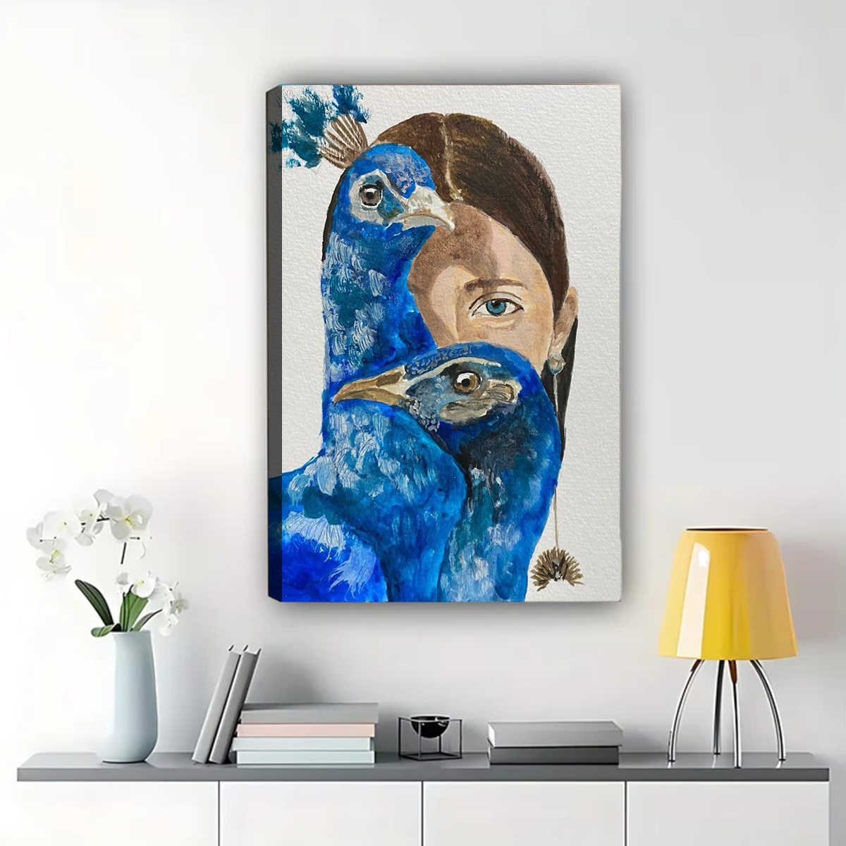 Woman with Peacock Wall Art - Blue Surreal Portrait Canvas Print|W1333