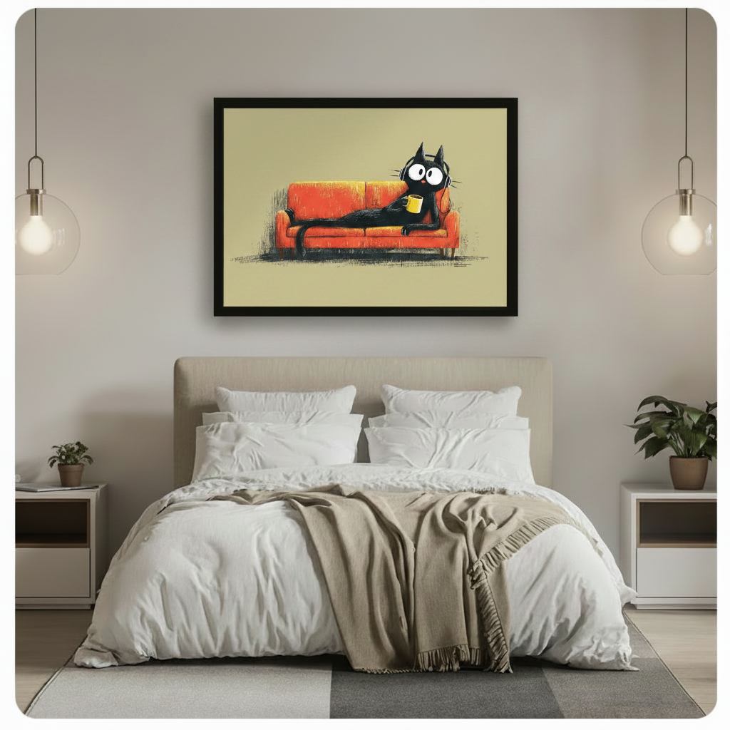 Black Cat Lounge Coffee Headphones Canvas Wall Art