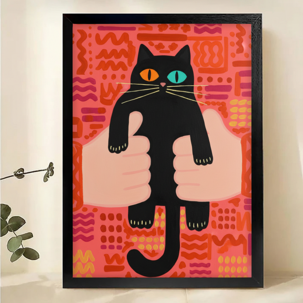 Black Cat with Odd Eyes Art Print - Colorful Abstract Wall Decor|W1144