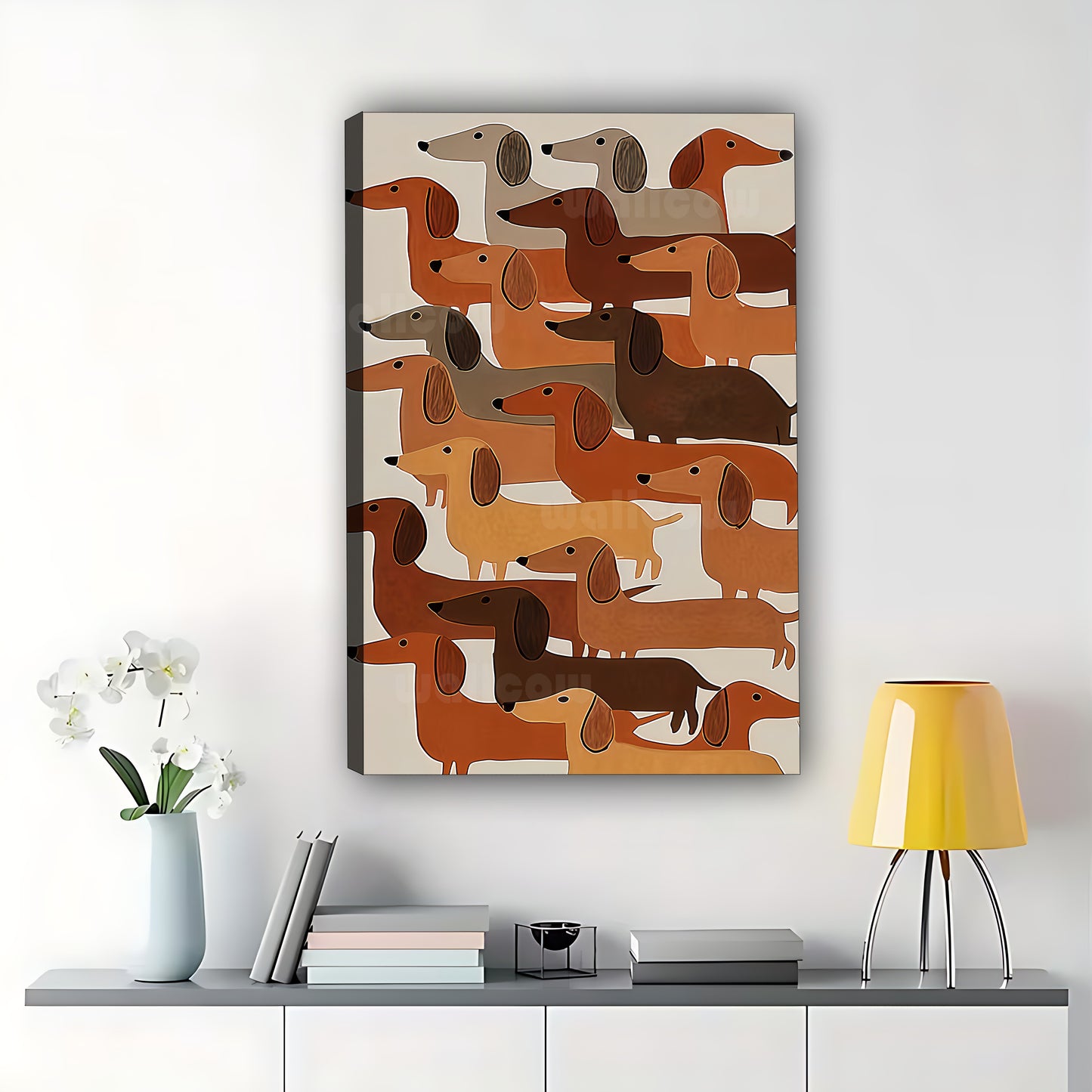 The Stacked Dachshund Crew – Abstract Retro Wall Art on Natural Wood Canvas | W597