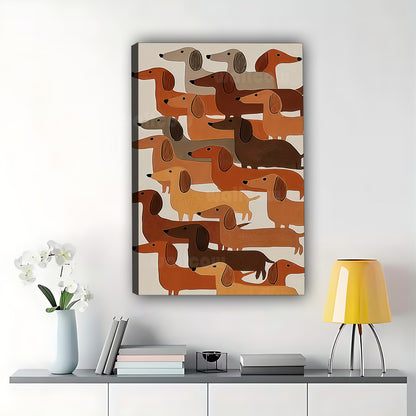 The Stacked Dachshund Crew – Abstract Retro Wall Art on Natural Wood Canvas | W597