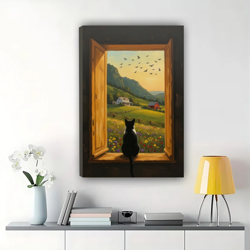 Black Cat on Window Sill Gazing at Pastoral Landscape – Cozy Country Wall Art on Natural Wood Canvas | W733