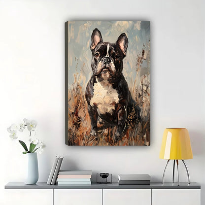 Vintage French Bulldog – Rustic Oil Painting Style Dog Wall Art on Natural Wood Canvas | W2001