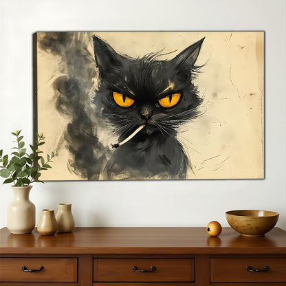 The Cigarette-Holding Cool Black Cat – Retro Edgy Wall Art on Natural Wood Canvas | W615