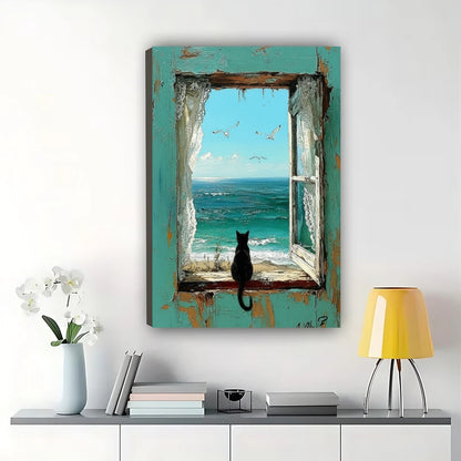 Black Cat Ocean Window View Wall Art – Vintage Turquoise Framed Coastal Canvas | W2187