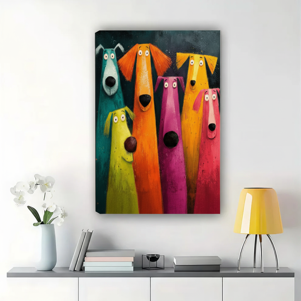 Colourful Cartoon Dogs Wall Art – Whimsical Pop Art Animal Canvas Print on Natural Wood Frame | W2322