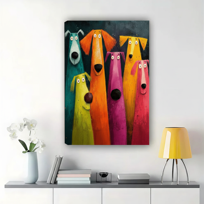 Colourful Cartoon Dogs Wall Art – Whimsical Pop Art Animal Canvas Print on Natural Wood Frame | W2322