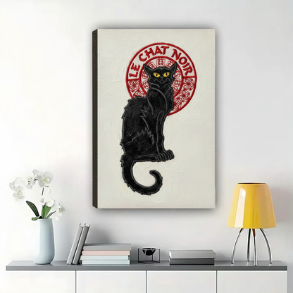 Le Chat Noir Embroidery-Style Wall Art – Vintage Cabaret Black Cat Canvas Print on Natural Wood Frame | W2215