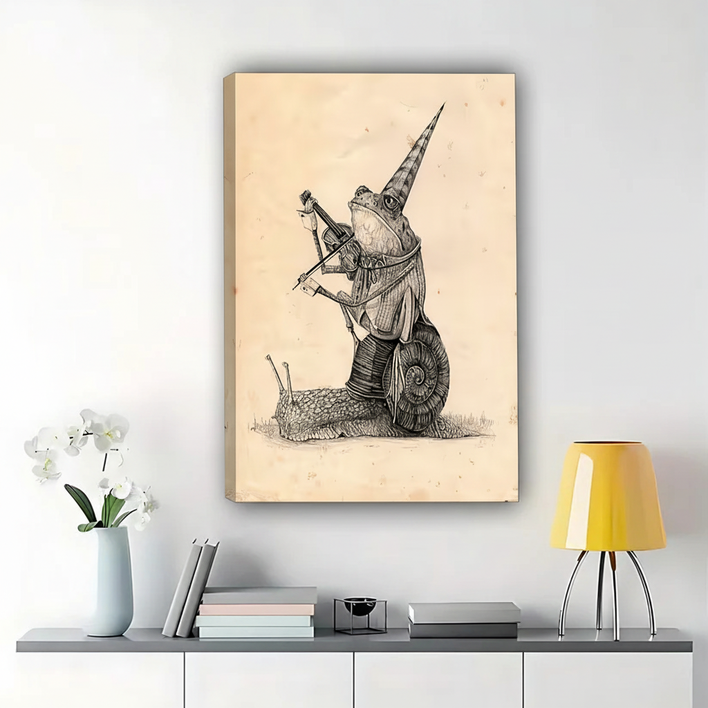 The Knight On A Snail – Vintage Whimsical Sketch Wall Art on Natural Wood Canvas | W631