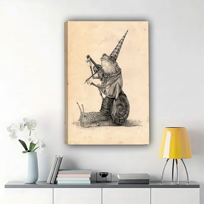 The Knight On A Snail – Vintage Whimsical Sketch Wall Art on Natural Wood Canvas | W631
