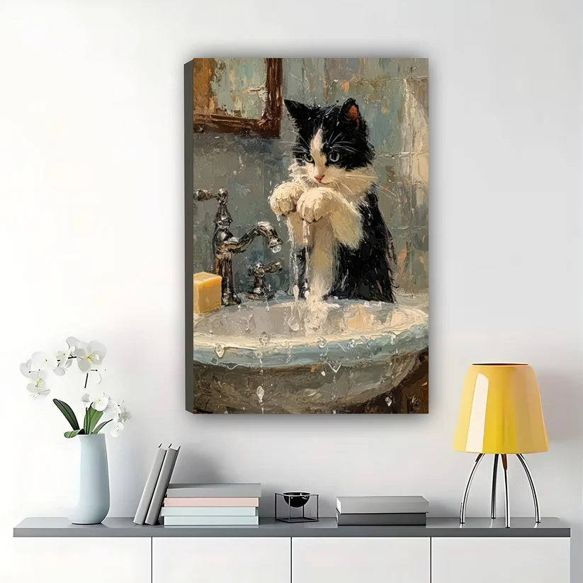 Tuxedo Cat at Sink – Vintage Oil Painting Style Cat Wall Art on Natural Wood Canvas | W2020