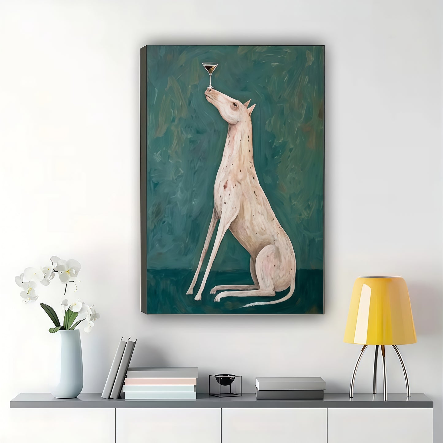 Greyhound with Martini Wall Art – Elegant Dog Drinking Cocktail Canvas Print on Natural Wood Frame | W2414