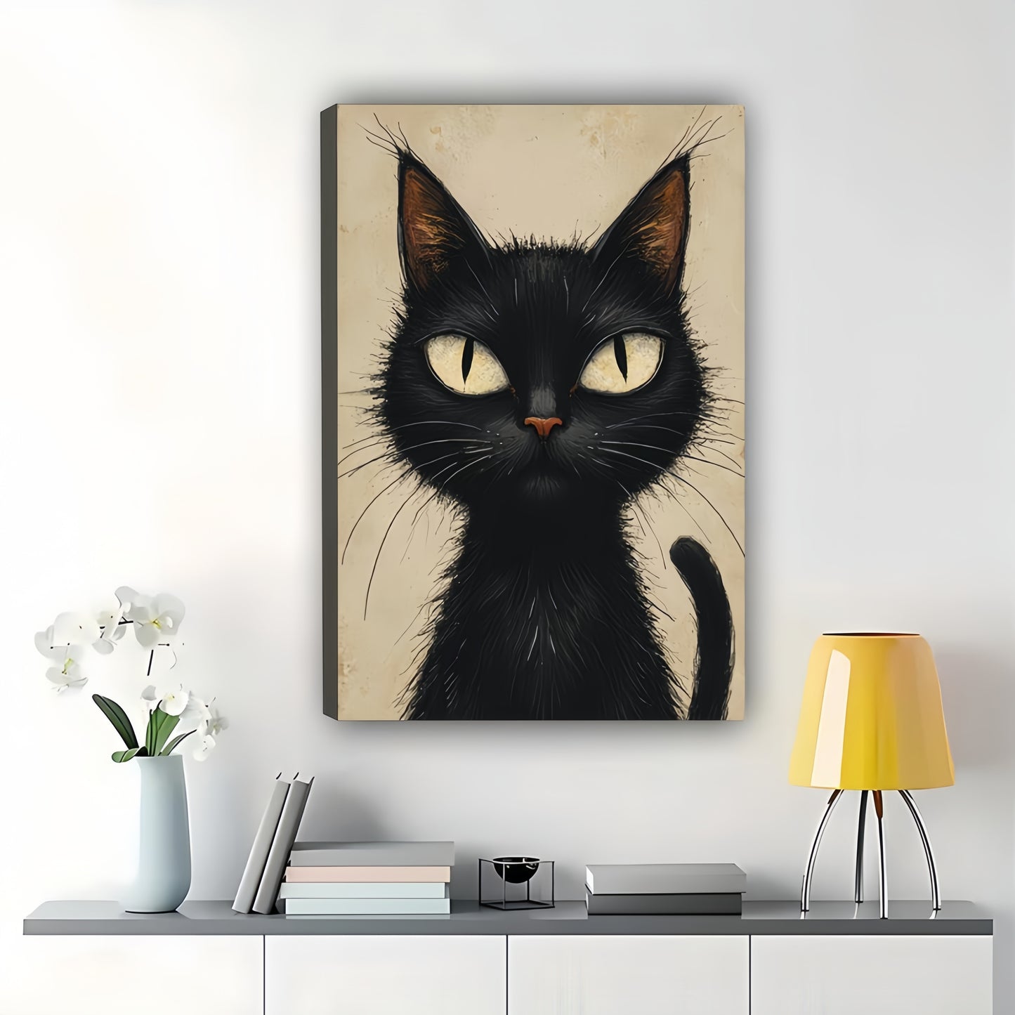 Realistic Big-Eyed Black Cat – Minimalist Moody Wall Art on Natural Wood Canvas | W726