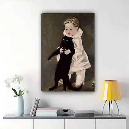 Child Holding Sassy Black Cat – Classic Art Parody Wall Art on Natural Wood Canvas | W847