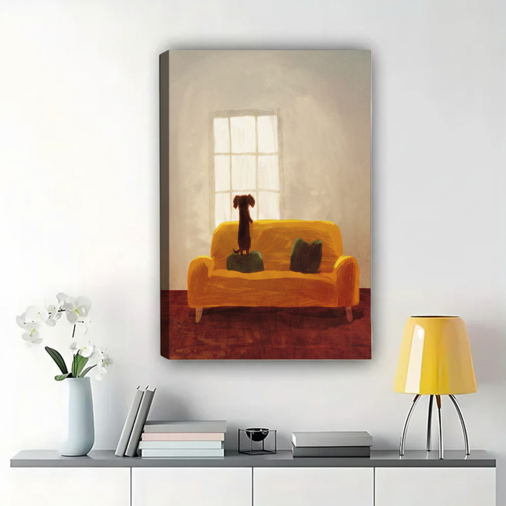 Cozy Dachshund on Sofa Wall Art – Warm Home Scene Dog Canvas Print on Natural Wood Frame | W2211