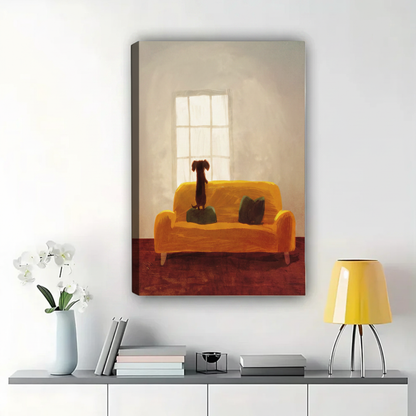 Cozy Dachshund on Sofa Wall Art – Warm Home Scene Dog Canvas Print on Natural Wood Frame | W2211